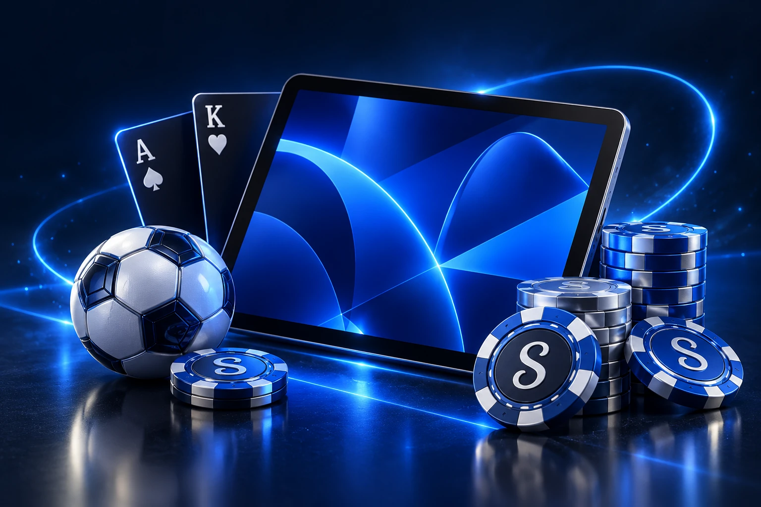 Composition de jetons bleus, cartes et ballon autour d’une tablette sans données de compte.