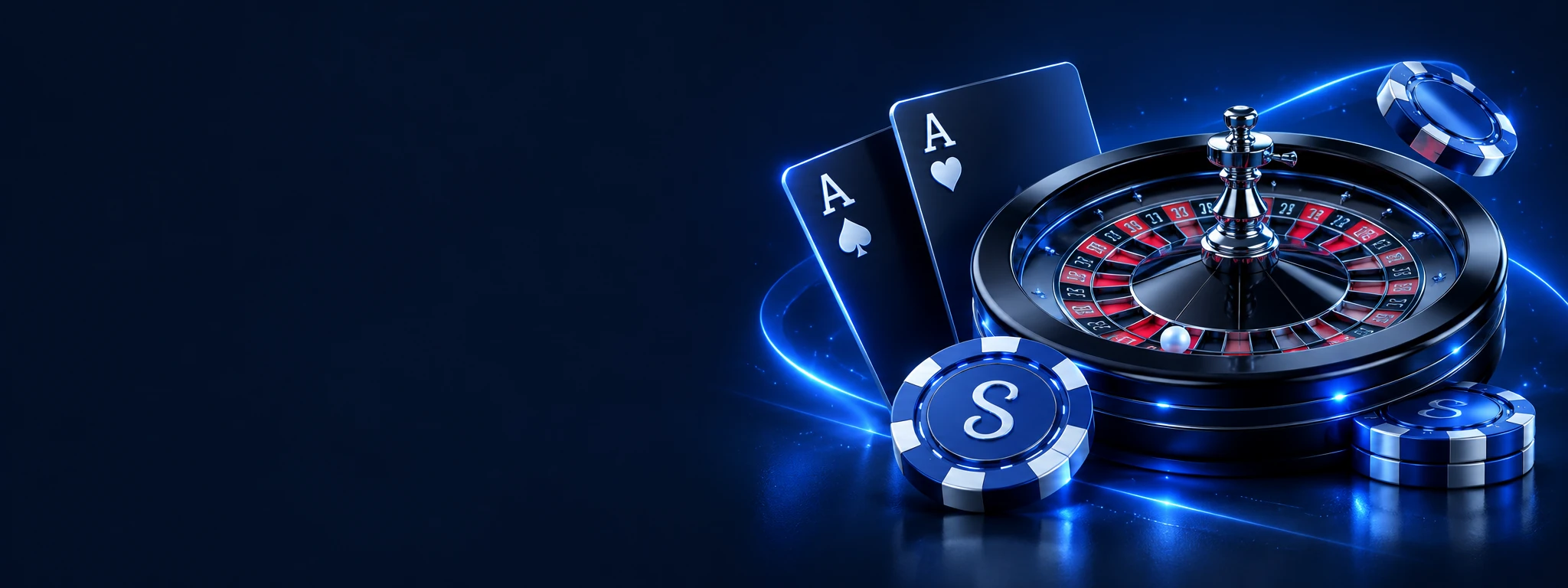 Cartes, roulette et jetons éclairés en bleu pour le dossier Casino Stake.