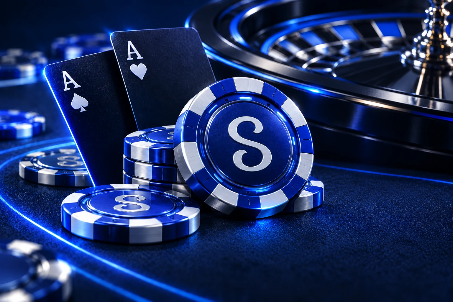 Gros plan sur des cartes, des jetons et une table de roulette aux reflets bleus.