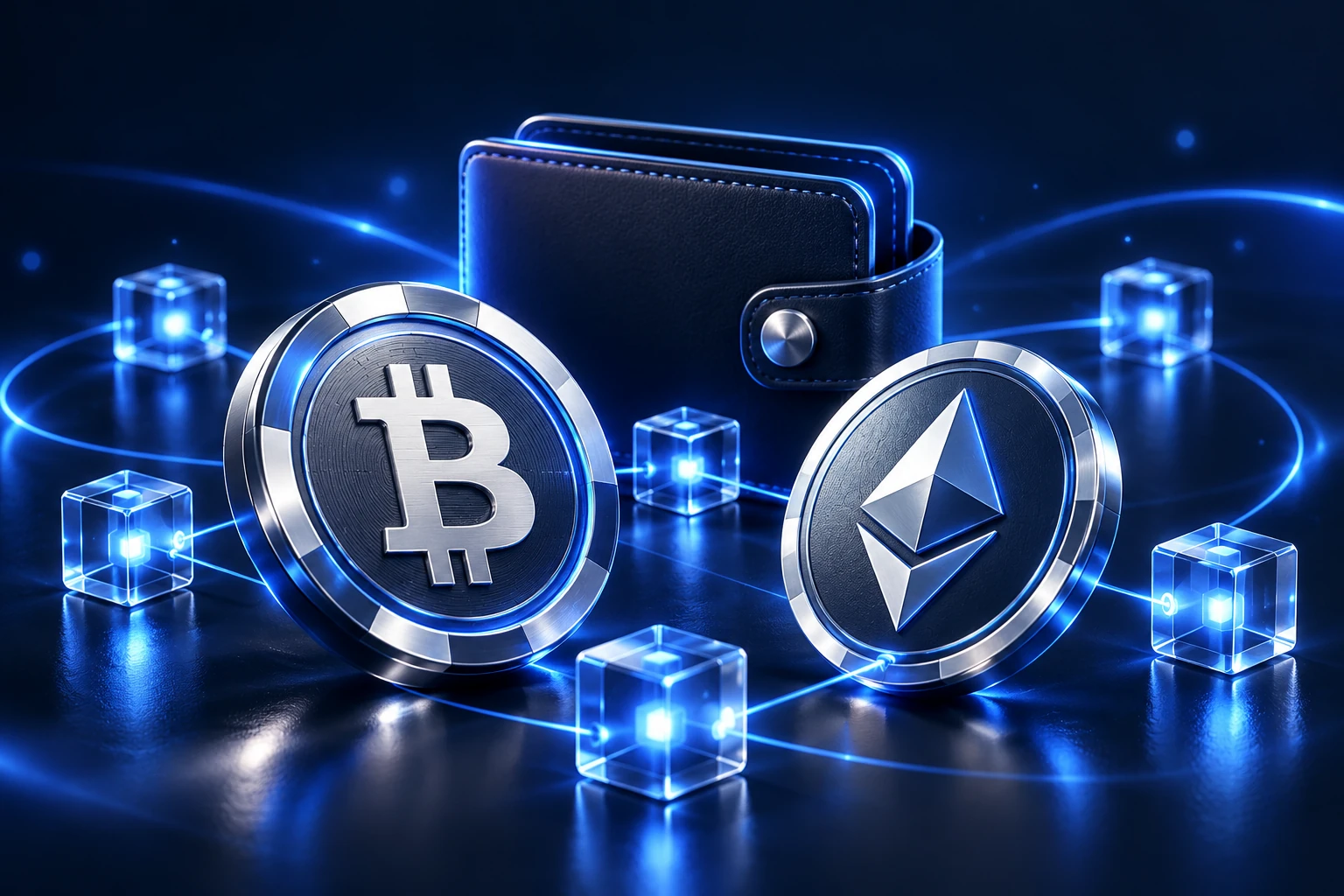 Pièces Bitcoin et Ethereum reliées à des blocs lumineux représentant les réseaux crypto.