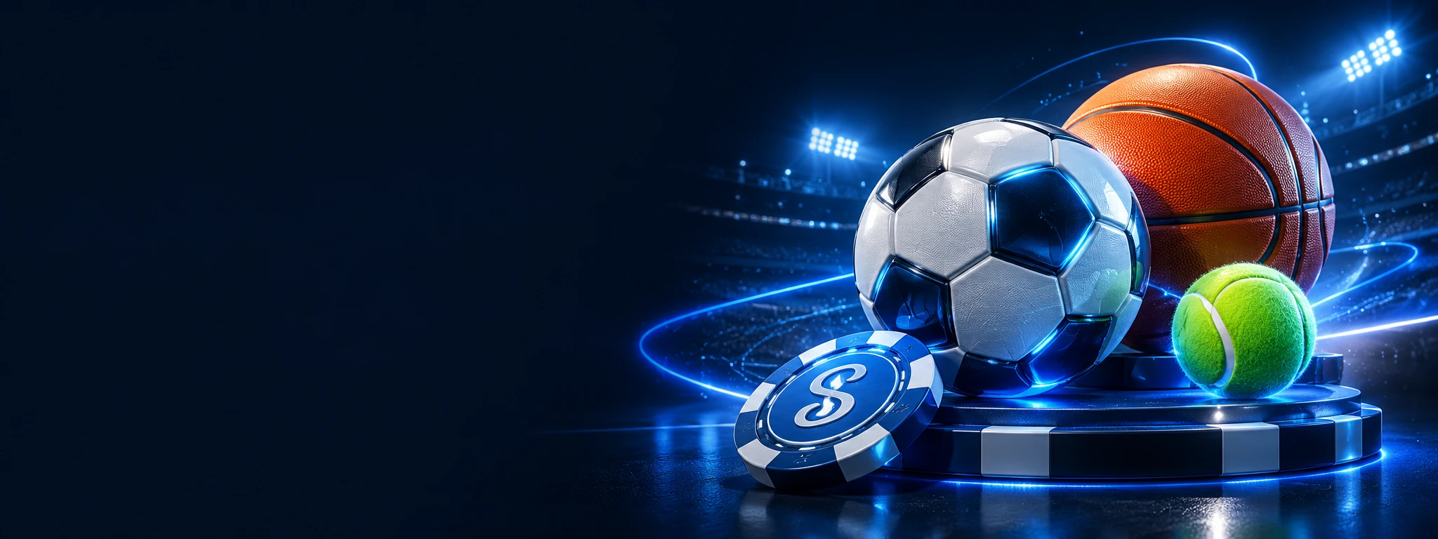 Ballon de football, balle de tennis et ballon de basket pour les paris sportifs Stake.