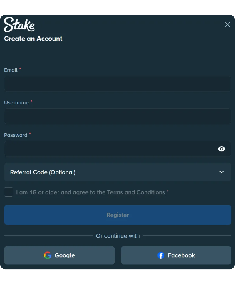 Formulaire de création de compte Stake